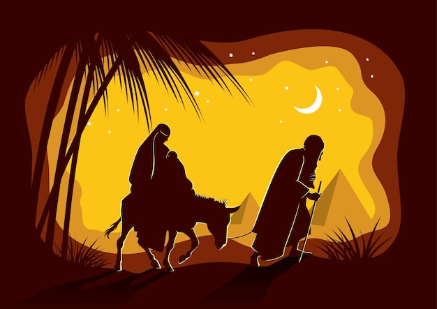 Jozef en Maria op ezel silhouet in de nachtelijke hemel naar Bethlehem