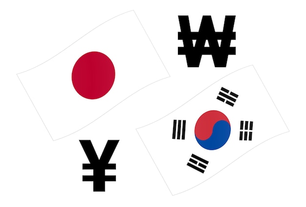 JPYKRW forex currency pair vector illustration. Japanese and Korean flag, with Yen and Won symbol.