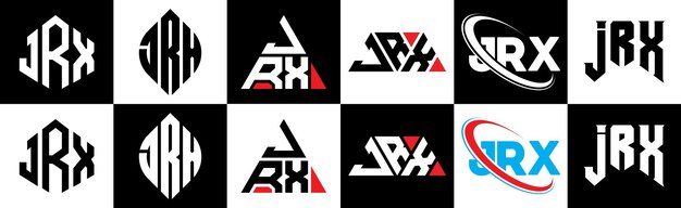 JRX letterlogo-ontwerp in zes stijlen JRX veelhoek cirkel driehoek zeshoek platte en eenvoudige stijl met zwart-witte kleurvariatie letterlogo in één tekengebied JRX minimalistisch en klassiek logo