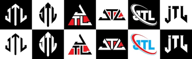 ベクトル 6 つのスタイルの jtl 文字ロゴ デザイン jtl 多角形、円、三角形、六角形のフラットでシンプルなスタイル、黒と白のカラー バリエーションの文字ロゴが 1 つのアートボードに設定 jtl ミニマリストとクラシックなロゴ