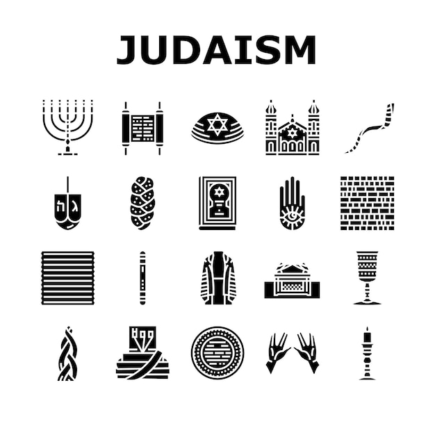 Vector judaism jewish jew israel torah icons set vector synagogue holocaust hebrew israeli kippur hanukkah yom shofar pray star candle judaism jewish jew israel torah glyph pictogram illustrations