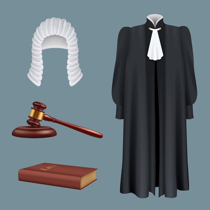 Vector judge equipment law and justice realistic symbols prosecutor court decision rights hammer hairpiece gavel tie agreement decent vector illustrations collection