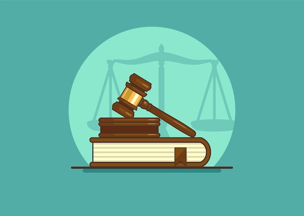 Vector judge gavel on book with scales. justice concept.