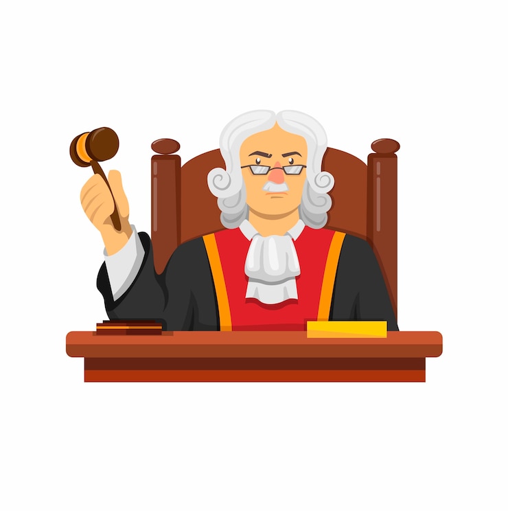 Vector judge law character sitting in desk with hammer concept in cartoon illustration isolated in white background