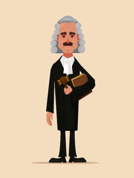 Вектор Судья человек судебный работник персонаж стоит и держит книгу и молот