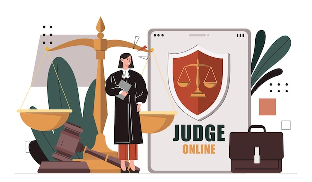 Vector judge online concept laws and democracy remote worker woman in black coat at background of weights