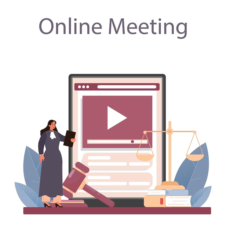 Vector judge online service or platform. court worker stand for justice and law. judge hearing a case and sentencing. online meeting. flat vector illustration
