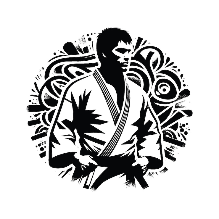 Vector judo krijgskunst karate taekwondo mannelijke speler in graffiti tags straatkunst patroon illustratie embleem schild badge
