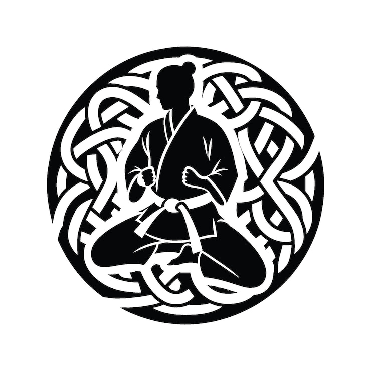 Vector judo martial art karate taekwondo female player in celtic knot pattern illustration emblem shield badge
