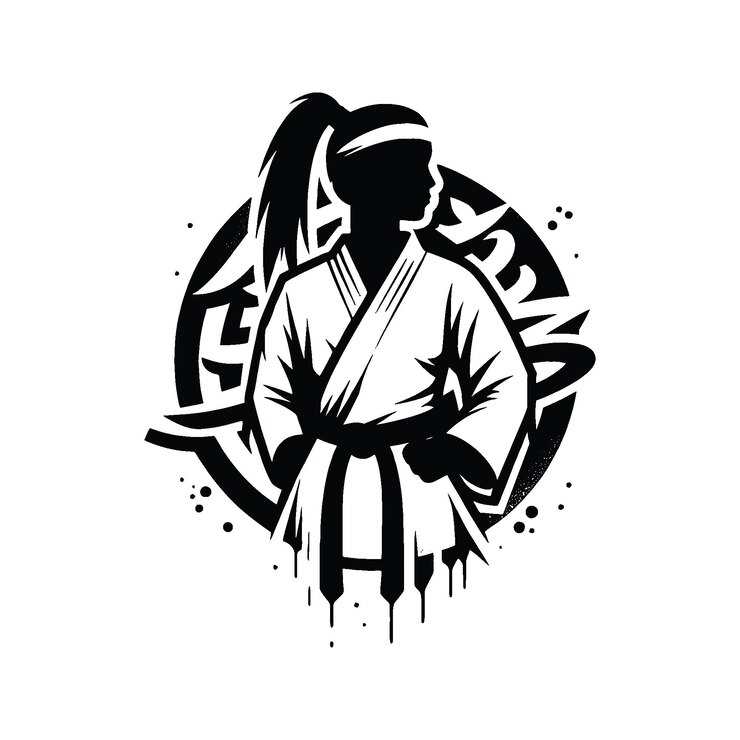 Vector judo martial art karate taekwondo female player in graffiti tags street art pattern illustration emblem shield badge