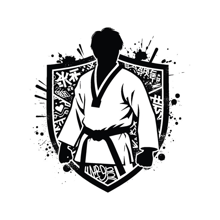 Vector judo martial art karate taekwondo male player in graffiti tags street art pattern illustration emblem shield badge