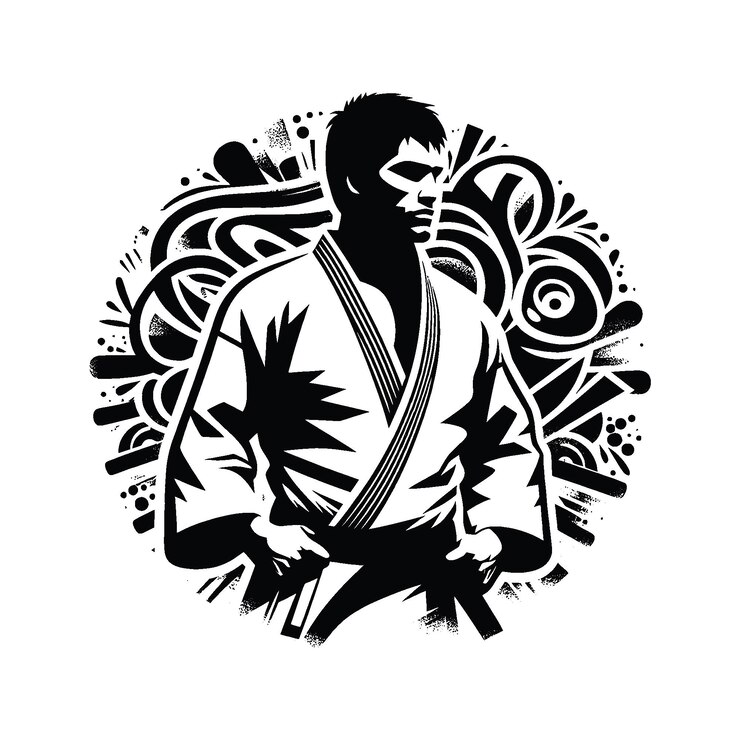 Vector judo martial art karate taekwondo male player in graffiti tags street art pattern illustration emblem shield badge