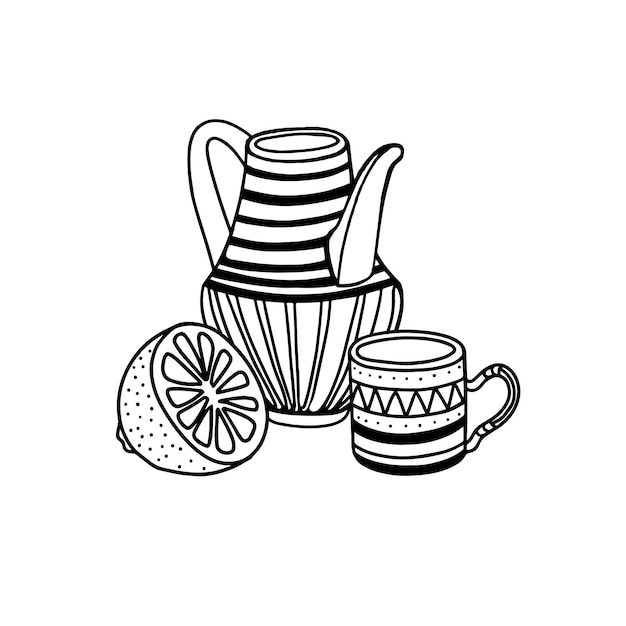 Jug and cup illustration in the doodle style