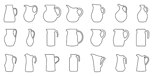 Линейная иконка кувшина Набор изолированных силуэтов кувшинов Значок кувшина воды