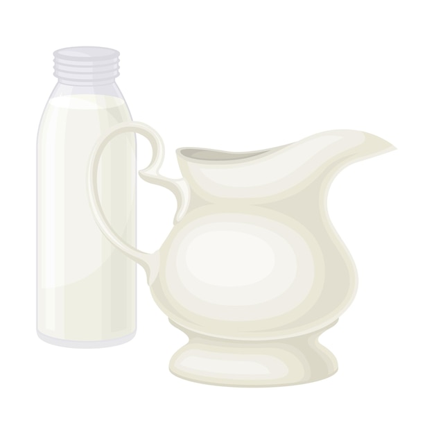 Vector jug of milk or kefir as dairy product with bottle vector illustration