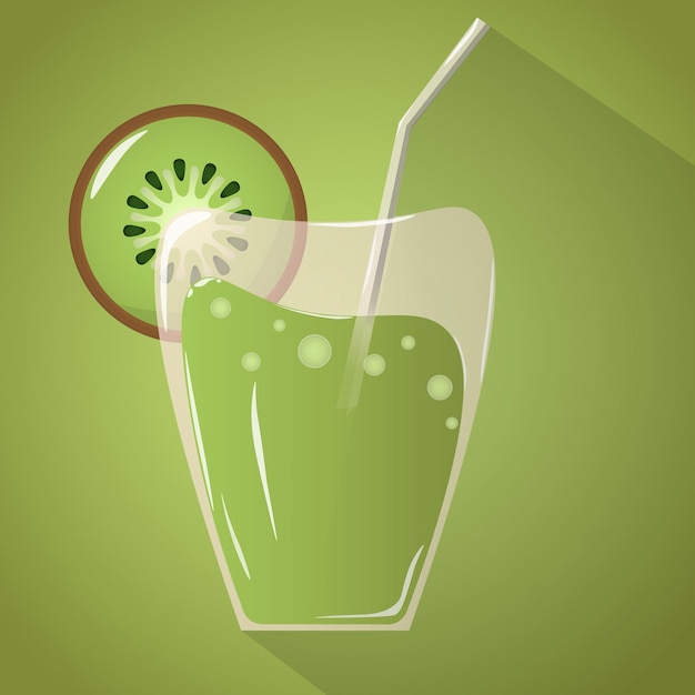 Juice glass kiwi cocktail icon with kiwi slice realistic design long shadow vector illustration hand draw