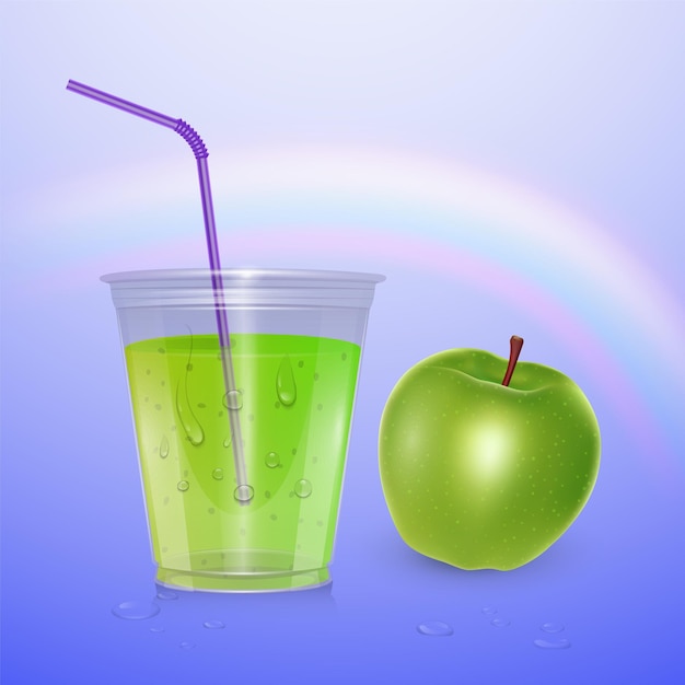 Vector juice  , smoothie cup  , 3d illustration. realistic plastic cup with apple juice