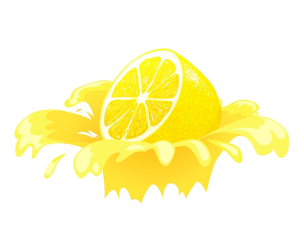 ベクトル ジューススプラッシュレモン。新鮮な柑橘類のスプラッシュ。ラベルのコンセプト。リアルなイラスト