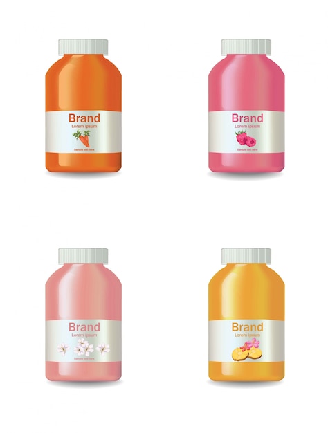 Set di bottiglie di succo o yogurt vector realistico isolato su bianco. disegno di confezione del prodotto