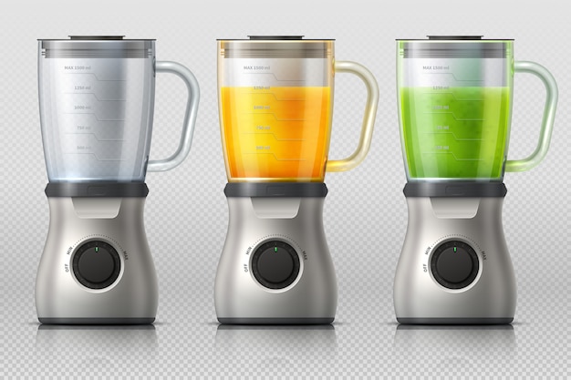 Vector juicer. kitchen blender with orange and apple juice, drink mixer realistic vector isolated