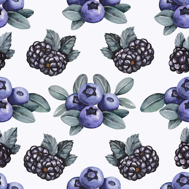 Vector juicy and bright watercolor pattern with blueberries blackberries and leaves handdrawn vectorx9