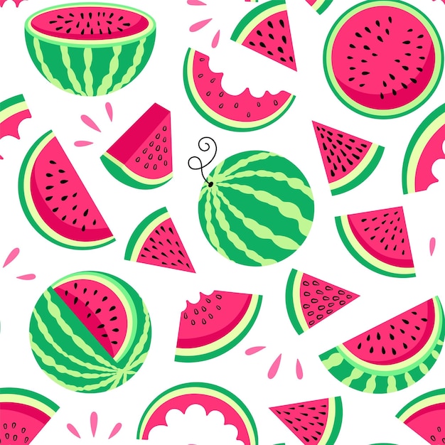 Vector juicy bright watermelon whole fruits cut pieces and slices repeated elements healthy diet food sweet product vector seamless patternjpg