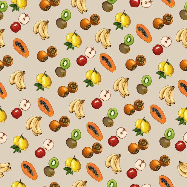 Vector juicy fruit pattern. banana. persimmon. papaya. apple. lemon. kiwi