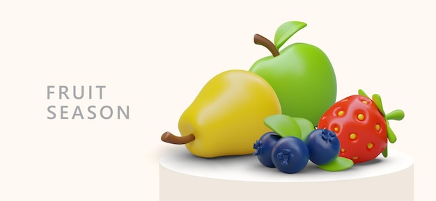 Вектор Время сочных фруктов легкая низкокалорийная еда сырые свежие фрукты и ягоды 3d