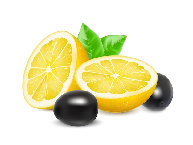 Juicy half of a lemon and black olives