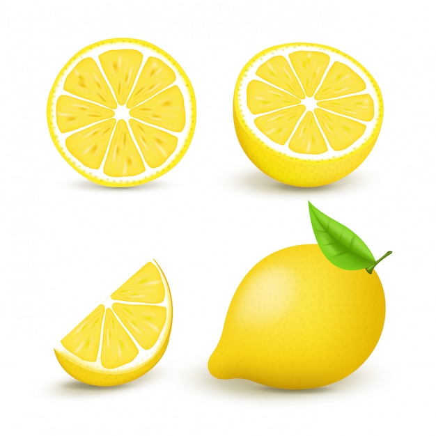 육즙 레몬 슬라이스 및 잎으로 설정합니다. 신선한 감귤 류 과일 전체와 반 격리 된 그림. 흰색 배경에 고립 된 3D