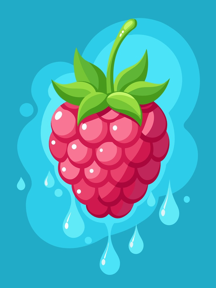 Vector juicy red raspberry with water droplets on blue background
