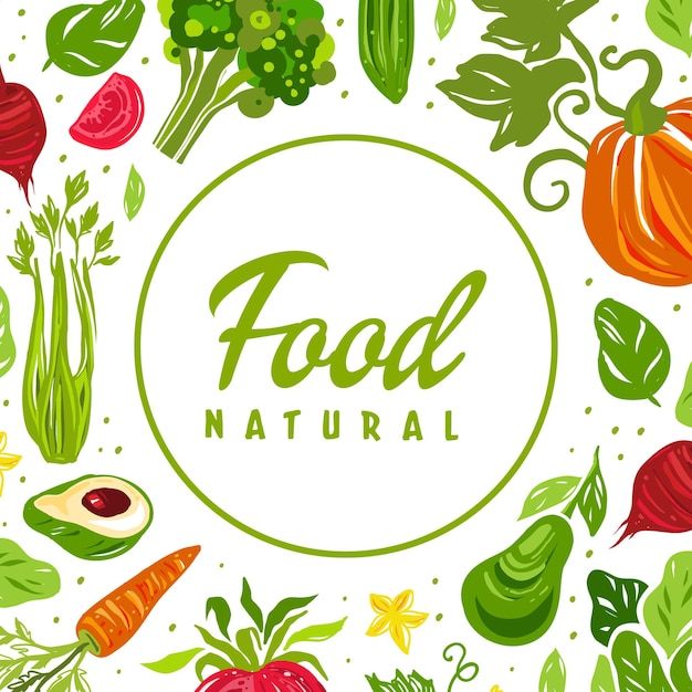 Juicy Vegetables Handgetekend ontwerp met rauwe seizoensgebonden voedingsvectorkaart sjabloon