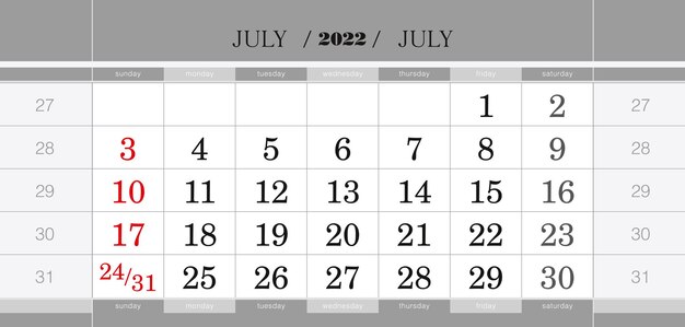Juli 2022 kwartaal kalenderblok. Wandkalender in het Engels, week begint op zondag.