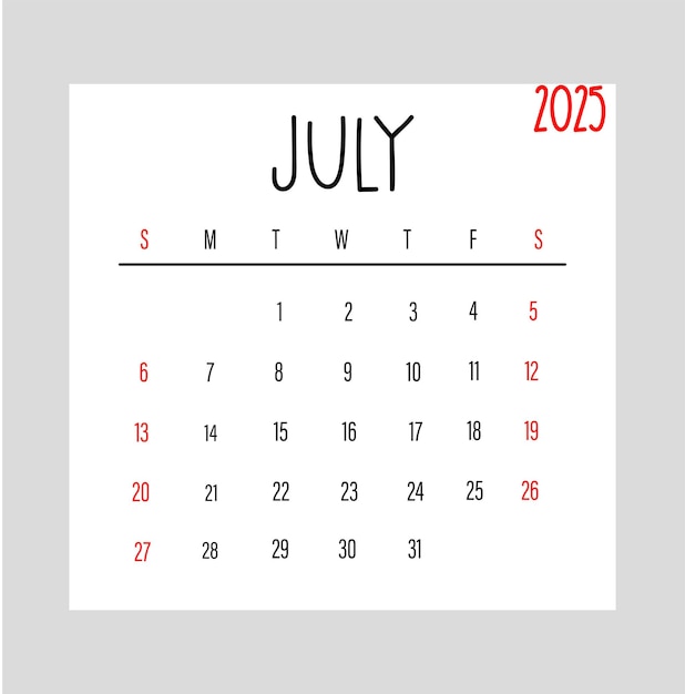 Juli 2025 Maandelijks kalenderontwerp met met dunne met de hand getekende lettertype