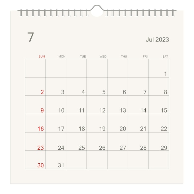 白い背景の 2023 年 7 月のカレンダー ページ リマインダー ビジネス計画の予定会議とイベントのカレンダーの背景 週は日曜日から始まります。