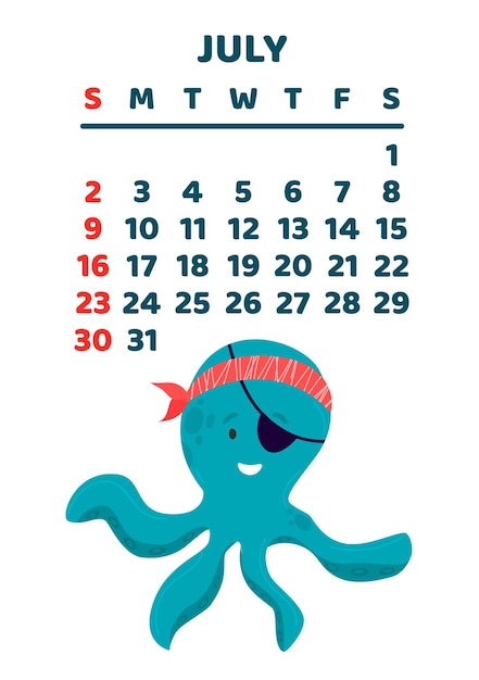 July 2023 calendar page Vector cartoon illustration with cute octopus Template for print Vertical layout White background