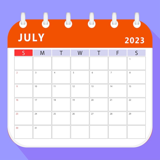 Modello di pianificazione del calendario di luglio 2023. disegno vettoriale.