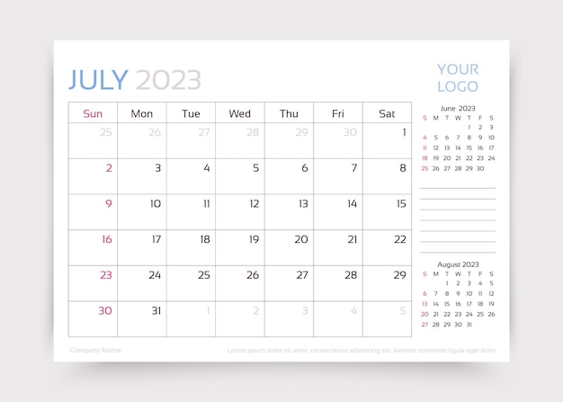 Вектор Календарь на июль 2023 года шаблон настольного ежемесячного планировщика векторная иллюстрация