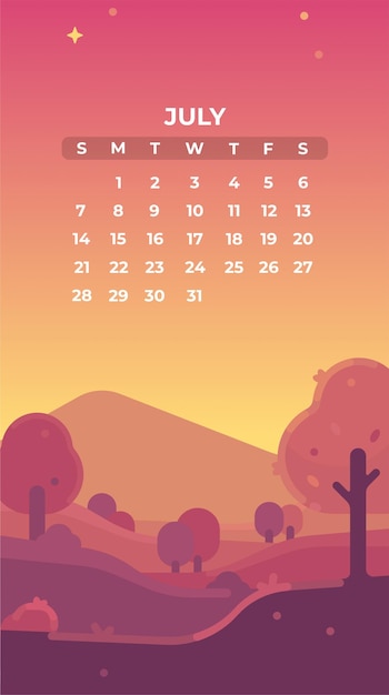 July 2024 calendar with summer yellow sunset