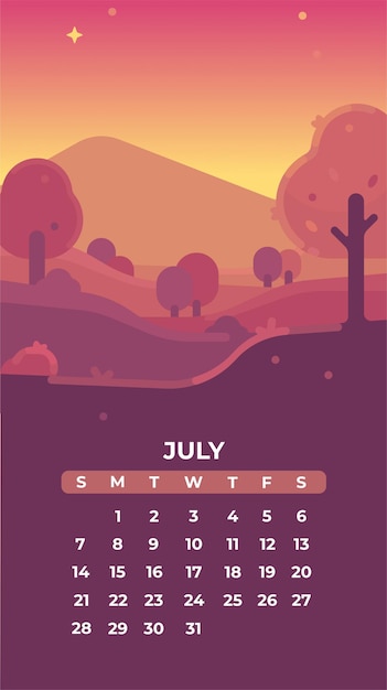 July 2024 calendar with summer yellow sunset