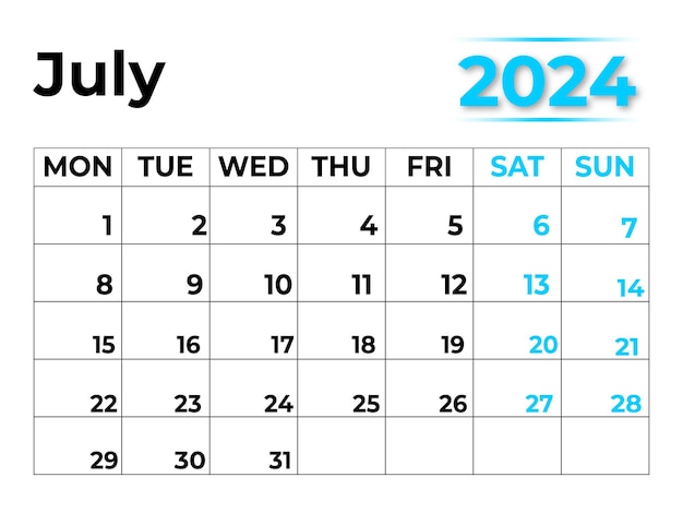 2024年7月のマンスリーカレンダー 見た目がとてもきれい 週は月曜日から始まります