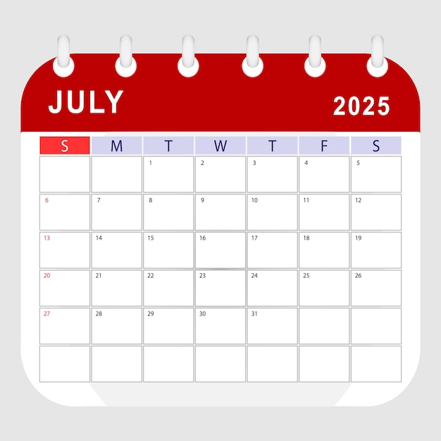 Premium Vector July 2025 calendar Monthly planner template Sunday start Vector design