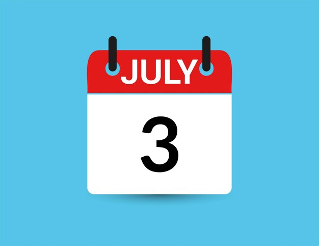 Vettore 3 luglio calendario a icona piatta isolato su sfondo blu illustrazione vettoriale della data e del mese