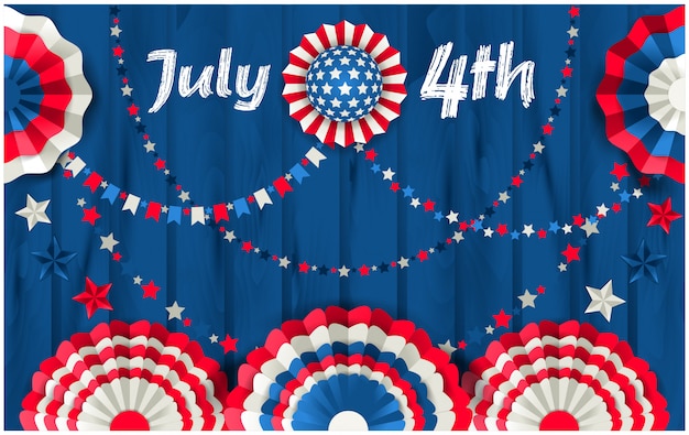 Vector july 4 card with paper fans hanging on wooden fence