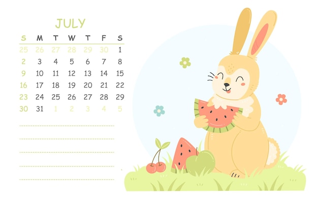 July children's calendar 2023 with an illustration of a cute rabbit eating watermelon