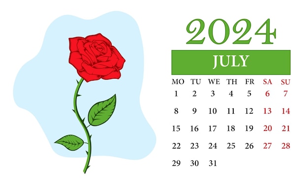 July Monthly calendar 2024 with a rose