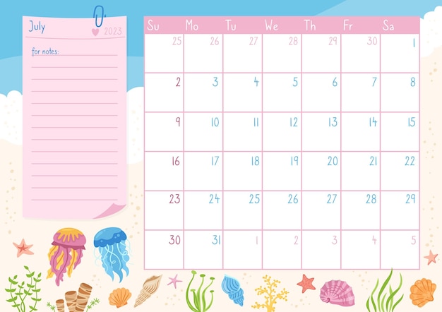 Органайзер шаблона календаря на июль 2023 год морская раковина медуза коралловый дневник память праздничные заметки
