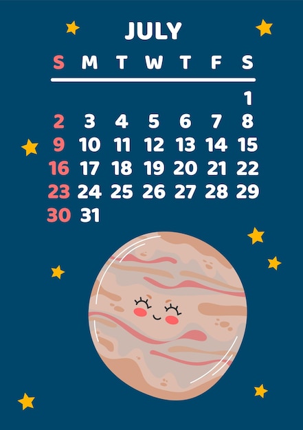 Vettore luglio pianificatore del calendario spaziale 2023 pianificazione settimanale pianeti oggetti spaziali la settimana inizia domenica giove