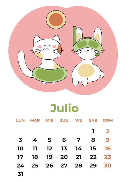 Julyjulio 2023 calendar sheet in spanish with a rabbit in a water mask and a cat in a towel