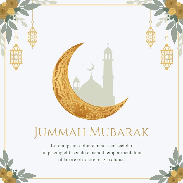 Jumma mubarak islamic vector illustration with mosque silhouette in green and gold bacground